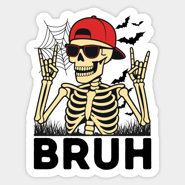 Bruh Rock On Skeleton Halloween Sticker by The WYLD Tribe